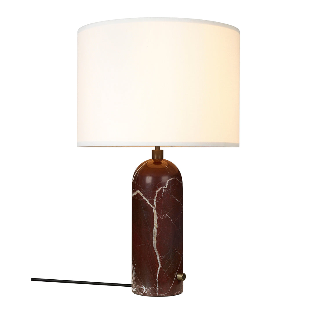 Brown marble lamp base with white cylindrical shade, featuring elegant gold accents. Perfect for modern decor.