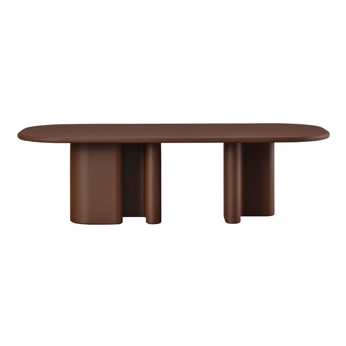 Modern brown coffee table with sleek, rounded edges and minimalist cylinder legs, perfect for stylish living spaces.