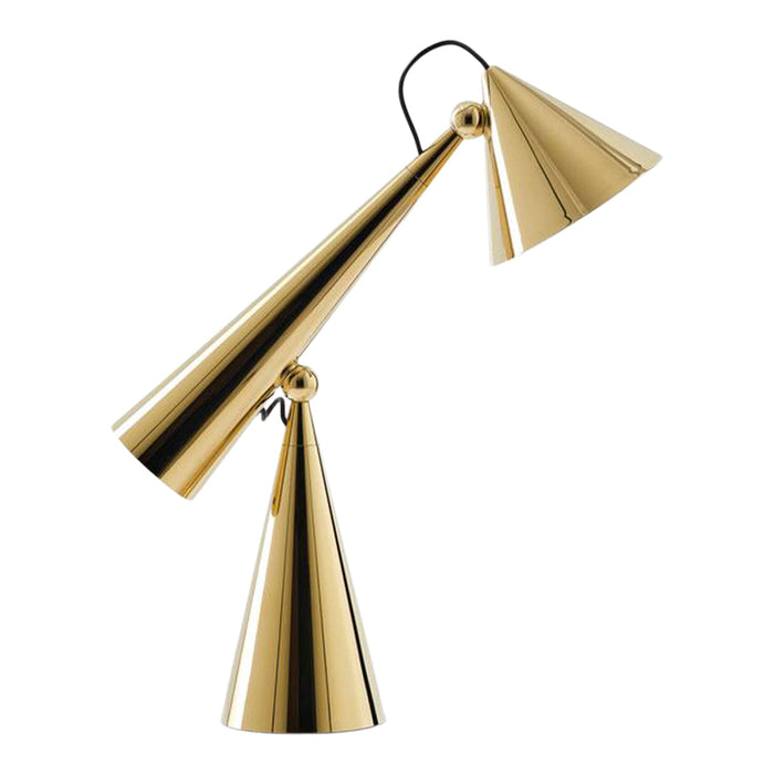 Gold lamp with sleek cone shapes and reflective surfaces, featuring a modern design and black accents.
