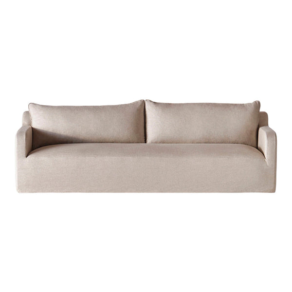 Beige upholstered sofa with a smooth, textured fabric and minimalist design, perfect for modern decor.