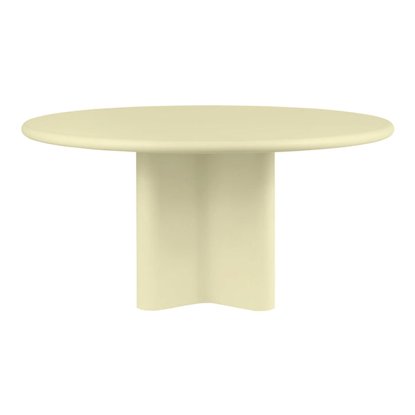 Round cream-colored table with a smooth, minimalist design. Perfect for modern decor styles.