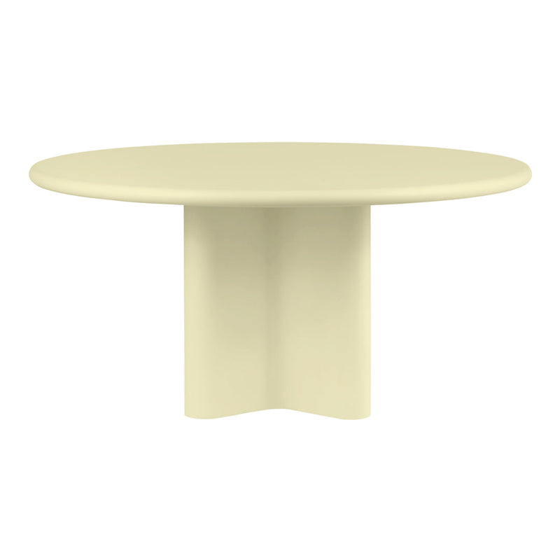 Round cream-colored table with a smooth, minimalist design. Perfect for modern decor styles.