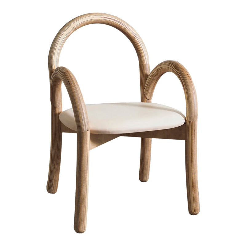 Modern wooden chair with natural wood finish and cream seat cushion, featuring curved arch design.