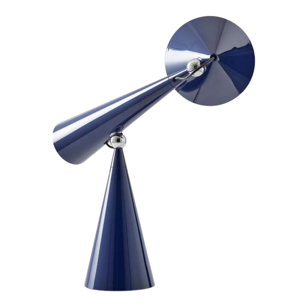 Modern blue cone-shaped lamp with glossy finish and metallic accents, featuring sleek lines and geometric design.