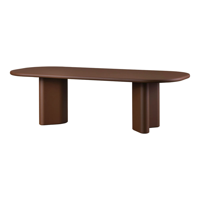 Brown oval dining table with smooth, matte finish and bold cylindrical legs, perfect for modern decor.