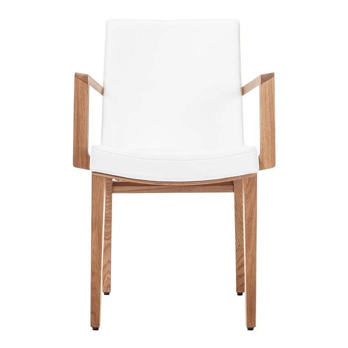 "Modern white chair with natural wooden frame, featuring clean lines and minimalistic design."