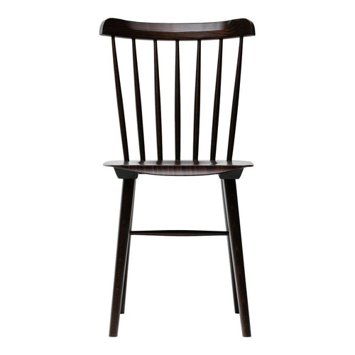 Dark brown wooden chair with a classic spindle back design and a smooth, understated finish.