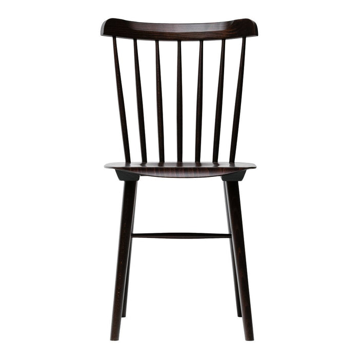 Dark brown wooden chair with a classic spindle back design and a smooth, understated finish.