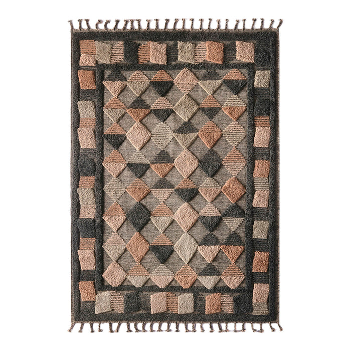 Colorful geometric diamond pattern rug in shades of gray, beige, brown, and rust with fringe edges.