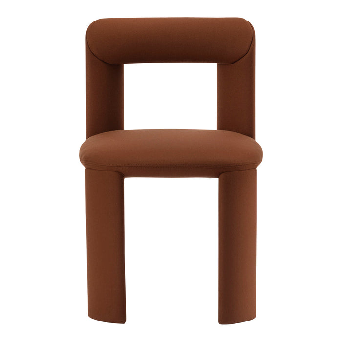 Brown upholstered chair with a minimalist design, showcasing a solid color and smooth, clean lines.