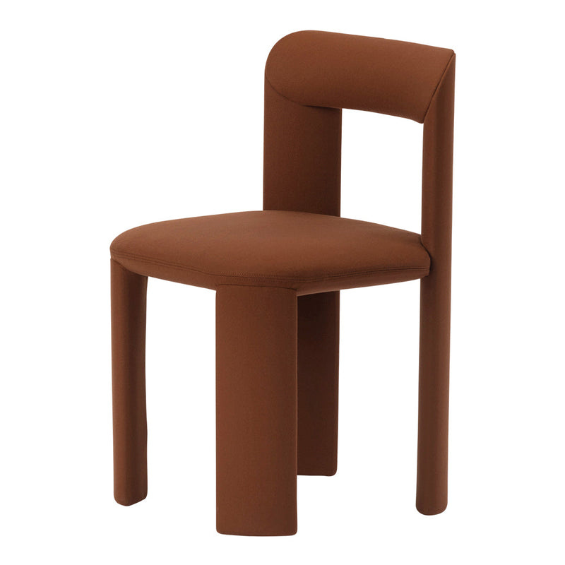 Modern chair in rich chocolate brown fabric with a minimalist design and smooth, rounded edges. Perfect for any decor.