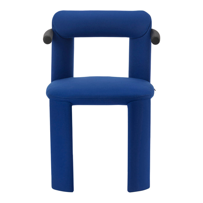 Blue upholstered chair with a minimalist design and sleek black armrests, perfect for modern interiors.