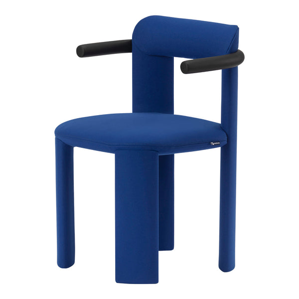 Blue upholstered chair with minimalist black armrests, featuring a sleek, modern design. Perfect for stylish interiors.
