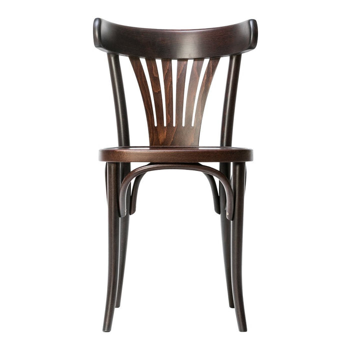 Elegant dark wood chair with a sleek, curved back and subtle slatted pattern. Ideal for modern and classic decor.