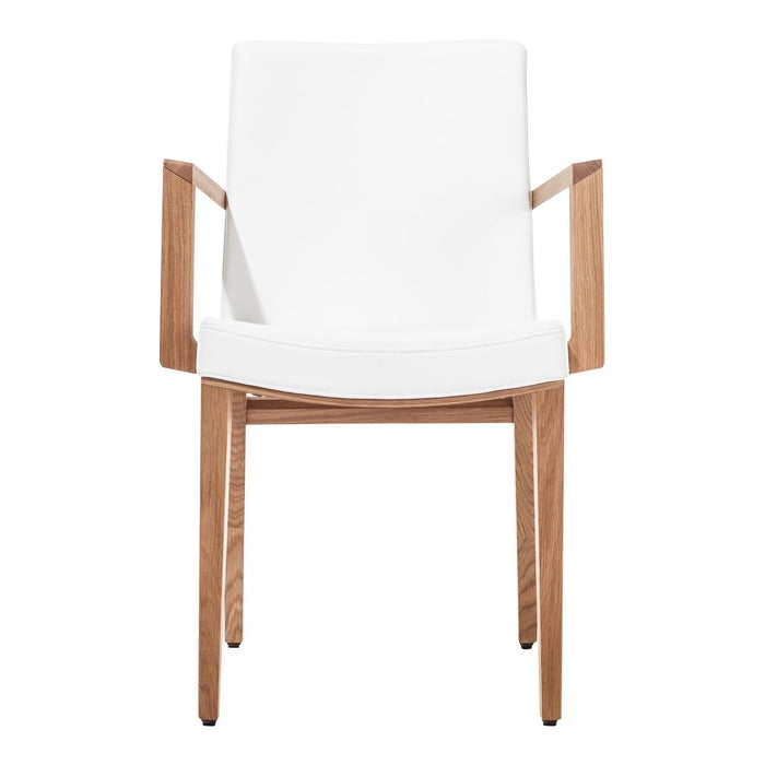 White upholstered chair with natural wood arms and legs, featuring a clean, minimalist design.
