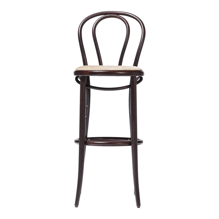 Brown bentwood bar stool with a natural wood seat, featuring a classic curved back design. Elegant and timeless.