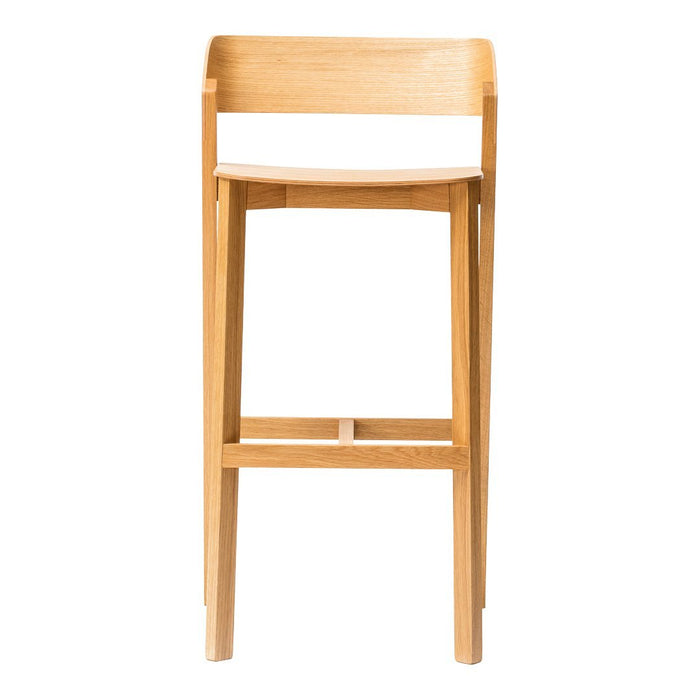 Natural wood bar stool with a light oak finish and simple, sleek design. Ideal for modern interiors.