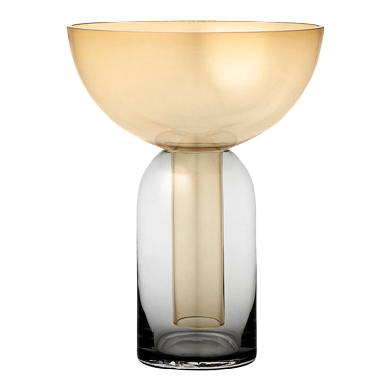 Amber and clear glass vase with a modern, two-tone design featuring bold, smooth curves. Perfect for stylish decor.