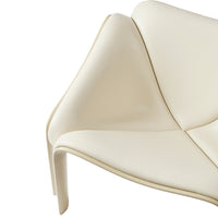 Cream-colored contemporary chair with a smooth, minimalist design and subtle curved patterns. Perfect for modern decor.