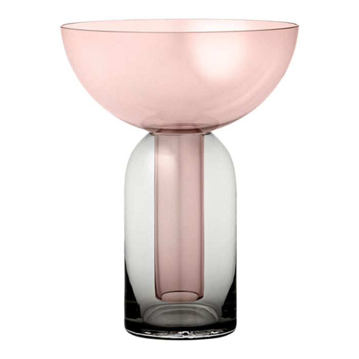 Pink and clear gradient glass vase with round bowl top and cylindrical base design. Elegant and modern decor piece.