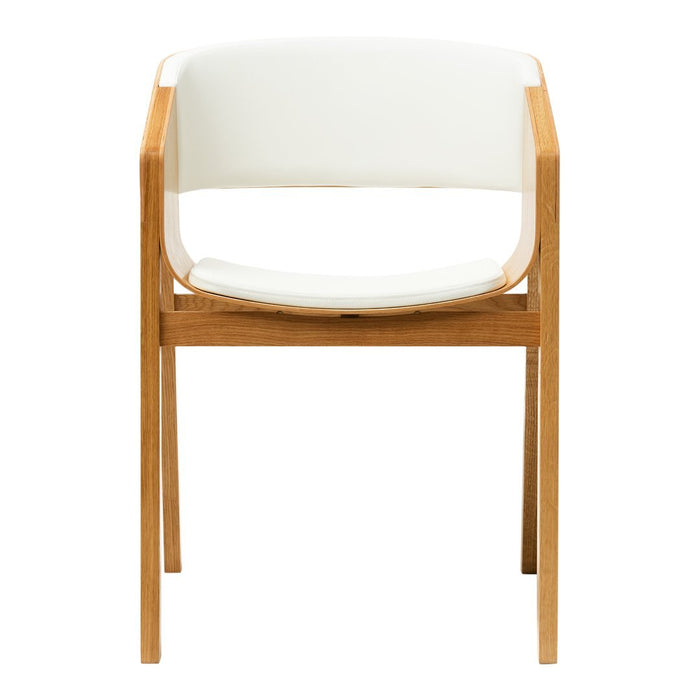 Light wood frame with white cushioned seat and backrest, featuring a minimalist design and smooth contours.