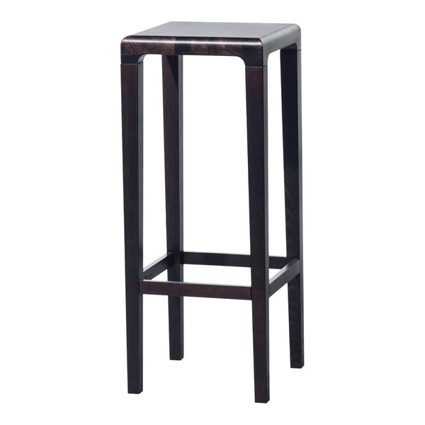 Solid dark brown wooden bar stool with a sleek, minimalist design and smooth, polished finish.