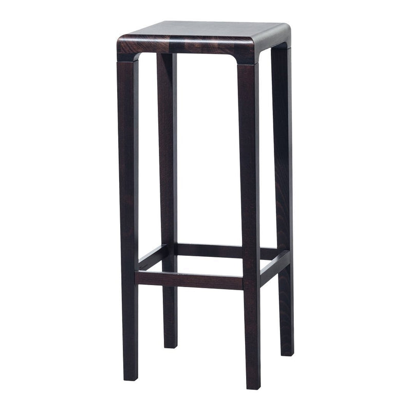 Solid dark brown wooden bar stool with a sleek, minimalist design and smooth, polished finish.