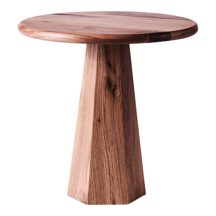Natural wood side table with a smooth, warm brown finish and rich, distinct grain patterns.