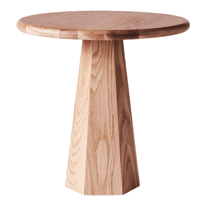 Natural light oak round side table with a smooth surface and geometric pedestal. Features warm wood grain patterns.