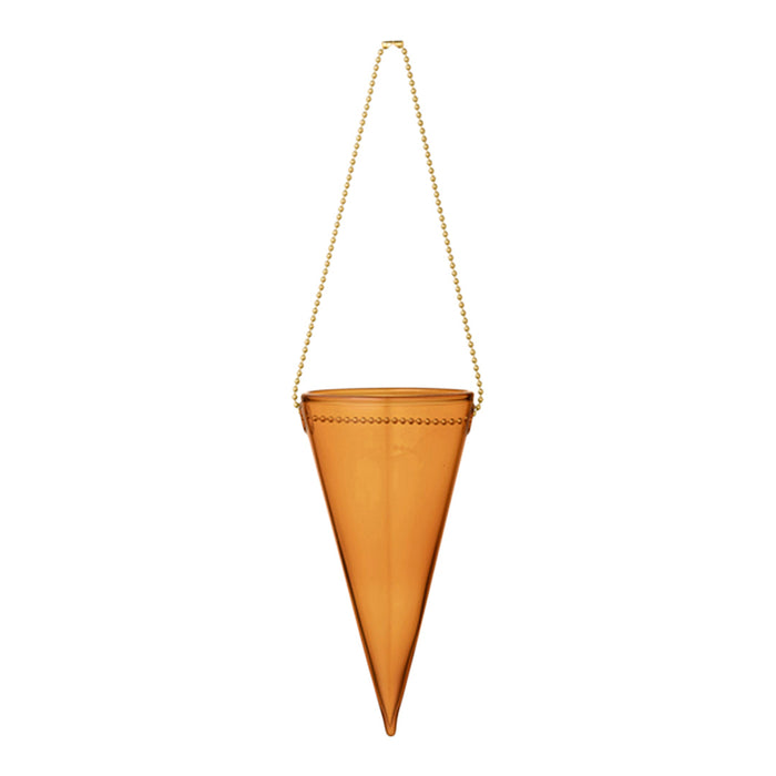 Amber cone planter with a gold chain, featuring a smooth, glossy finish and decorative bead detailing.