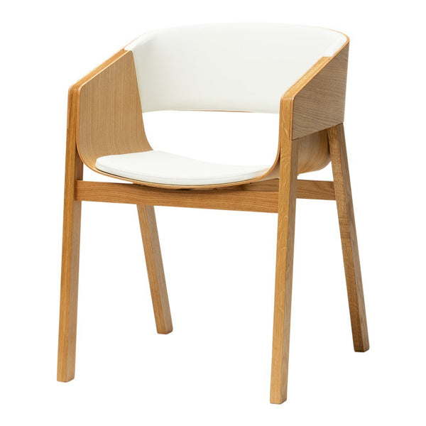 Modern chair featuring a light wood frame and a sleek white upholstered seat for a minimalist look.