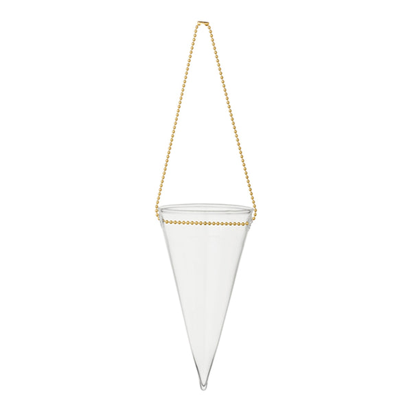 Clear glass cone vase with a golden beaded chain for hanging. Elegant and minimalist design.