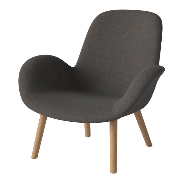 Cozy dark gray fabric armchair with light wood legs, featuring smooth, modern curves. Perfect for contemporary decor.