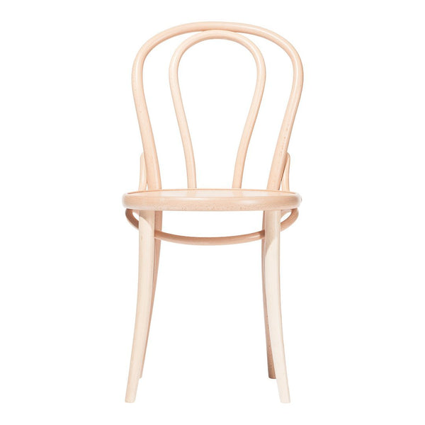 Natural wood chair in a soft, light beige finish with a simple, classic design and curved backrest.
