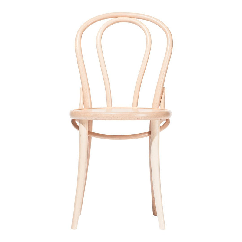 Natural wood chair in a soft, light beige finish with a simple, classic design and curved backrest.