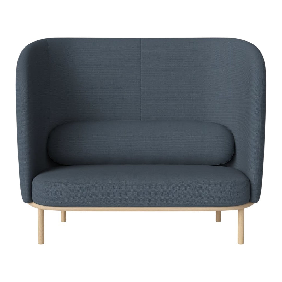 "Modern two-tone sofa in dark blue with smooth upholstery and natural wood legs, perfect for minimalist spaces."
