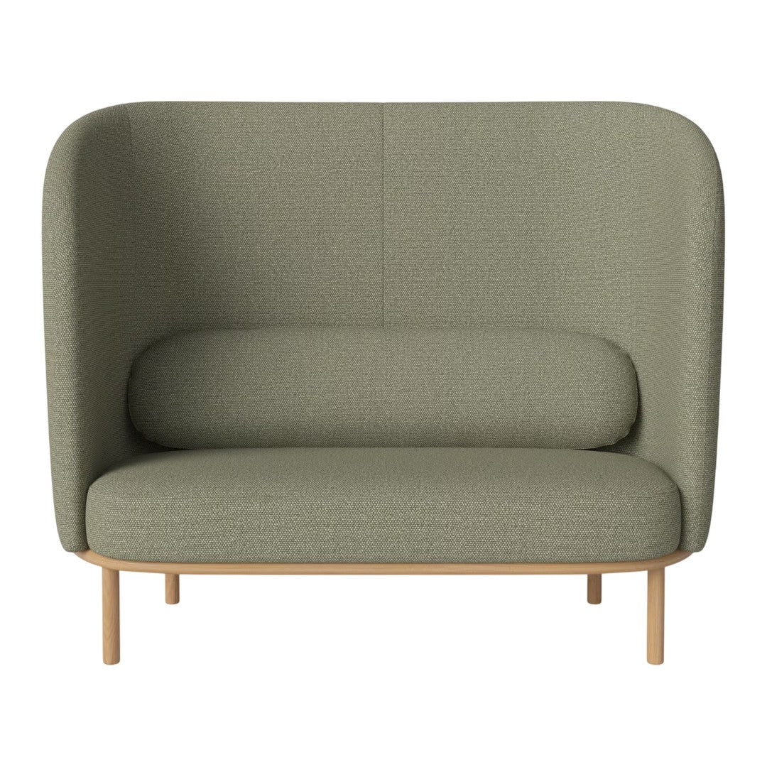 Soft green upholstered two-seater sofa with a textured pattern and light wood legs, ideal for modern interiors.