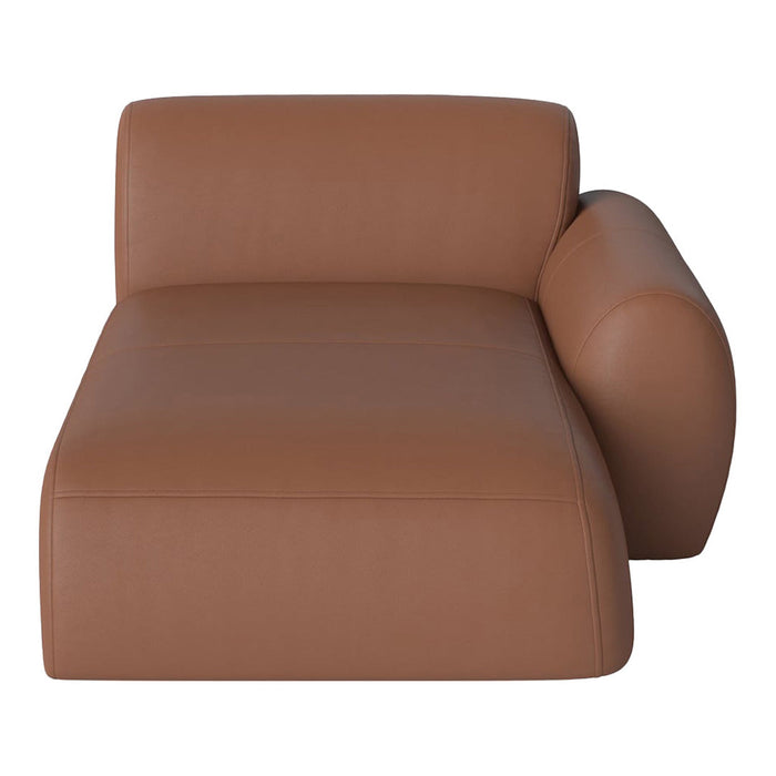 “Solid brown leather chaise lounge with smooth surface and contemporary design.”