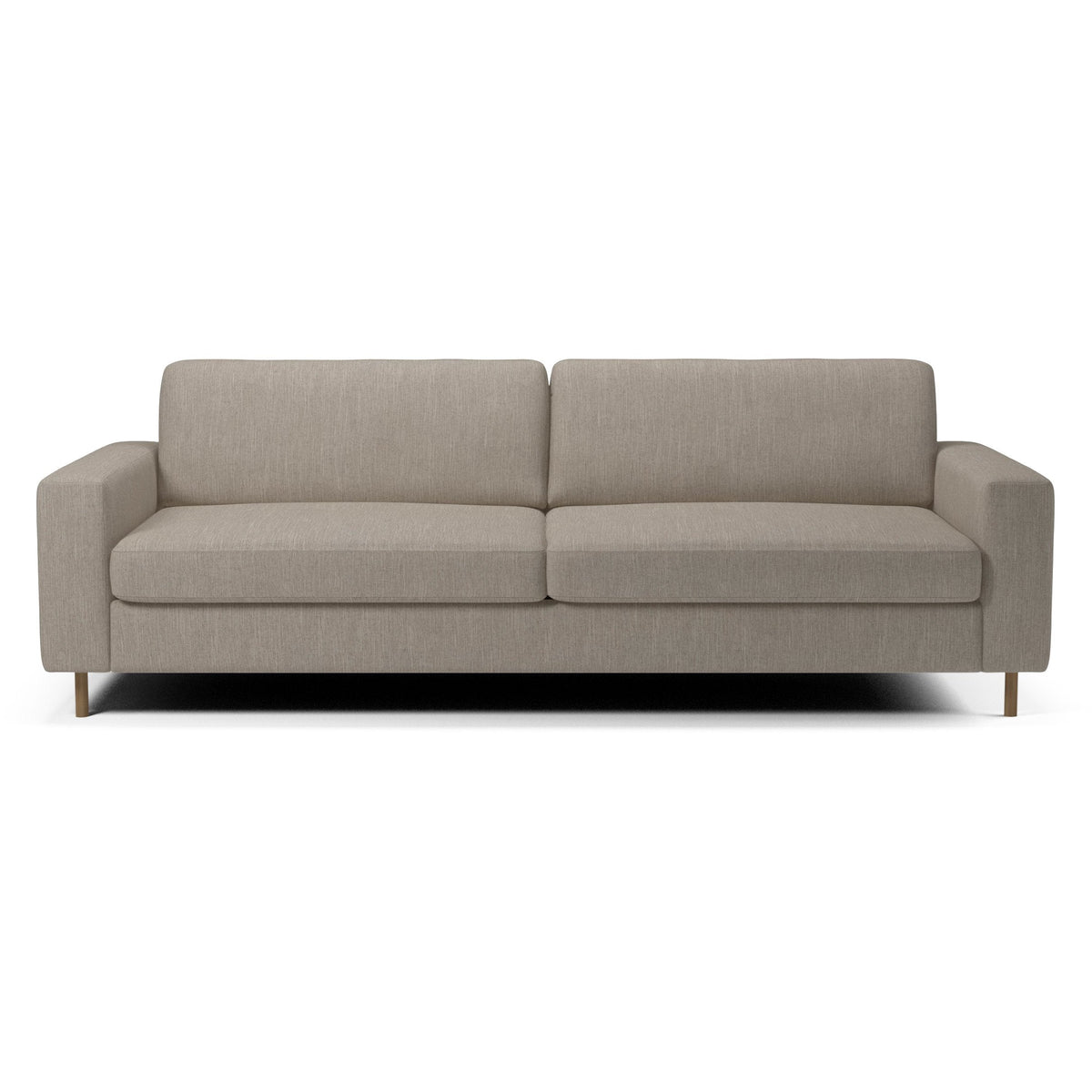 Light gray fabric sofa with clean lines and minimalist design, featuring a solid color and no patterns.