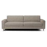 Light gray fabric sofa with clean lines and minimalist design, featuring a solid color and no patterns.