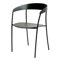 Black minimalist chair with a sleek design and curved backrest, featuring a smooth matte finish and slender legs.