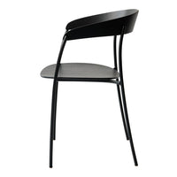 Sleek black chair with a minimalist design, featuring smooth curves and a solid gray seat. Perfect for modern decor.