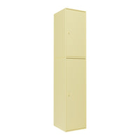Tall yellow storage cabinet with a sleek, minimalist design, featuring a smooth finish and no visible patterns.