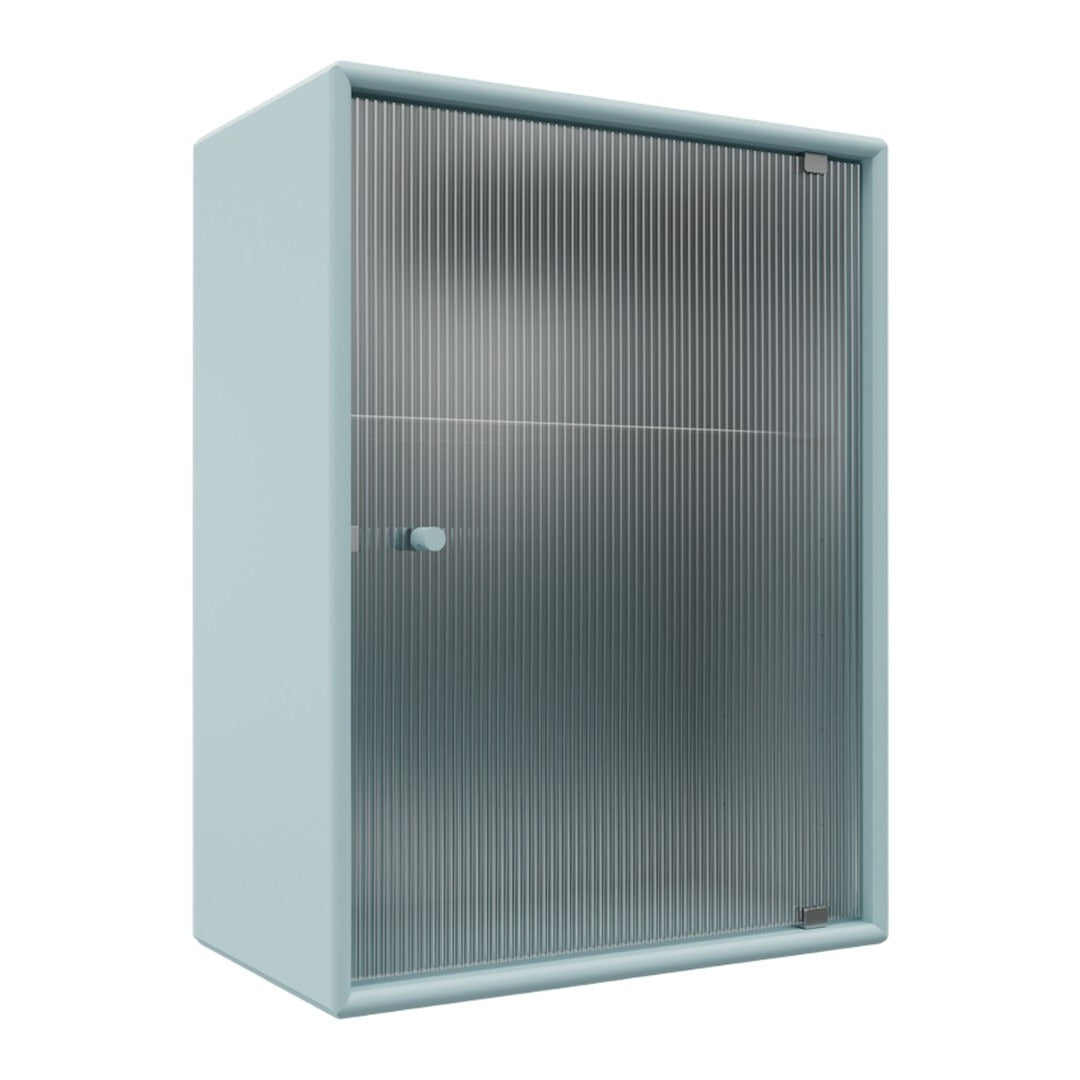 Light blue storage cabinet with a sleek, vertical ribbed glass door for a modern touch. Ideal for stylish organization.