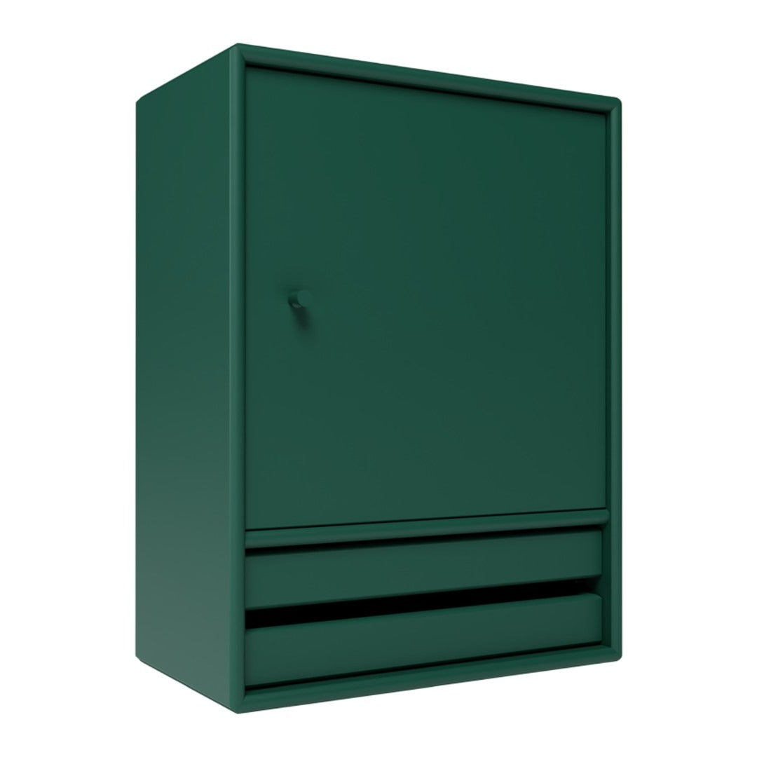 Deep green storage cabinet with a smooth surface and minimalistic design, featuring a single door and two drawers.