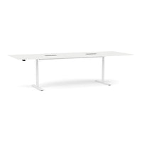 Sleek white office desk with a smooth surface and minimalist design. Perfect for modern workspaces.