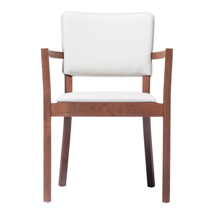 White upholstered chair with a sleek, modern design and rich brown wooden frame, perfect for contemporary decor.