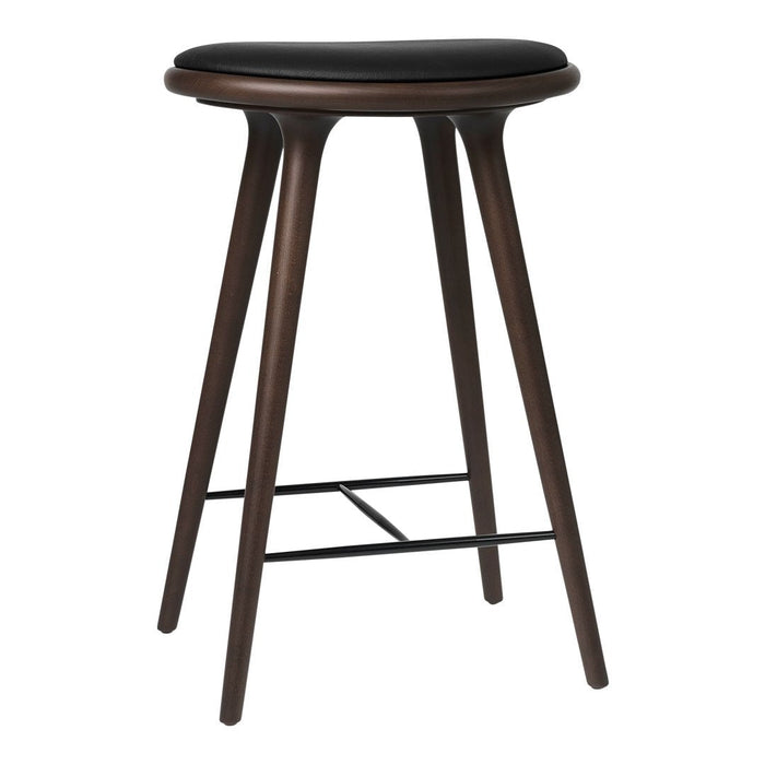 Black upholstered stool with a dark wood frame and sleek legs, featuring a minimalist design for modern interiors.