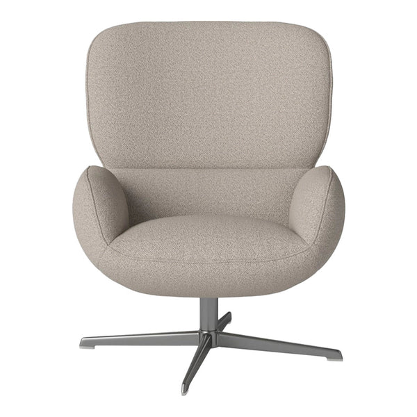 Curved beige chair with a textured pattern and silver metal base, ideal for modern interiors.