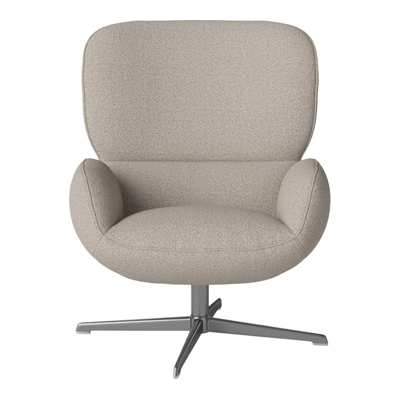 Curved beige chair with a textured pattern and silver metal base, ideal for modern interiors.